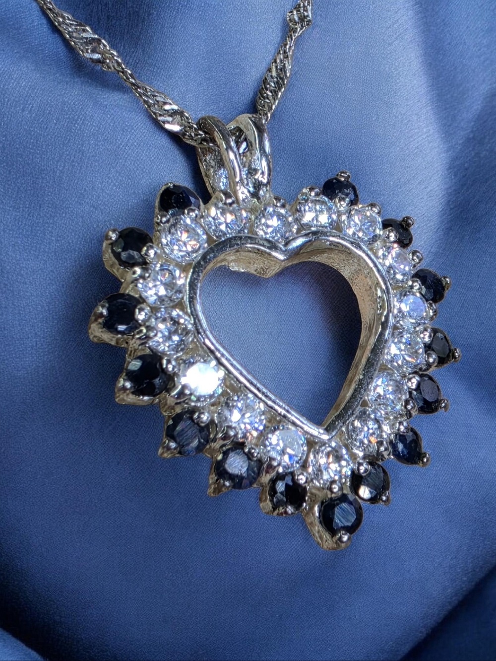 Sterling Silver Blue Sapphire CZ Crystal Heart Pendant Necklace